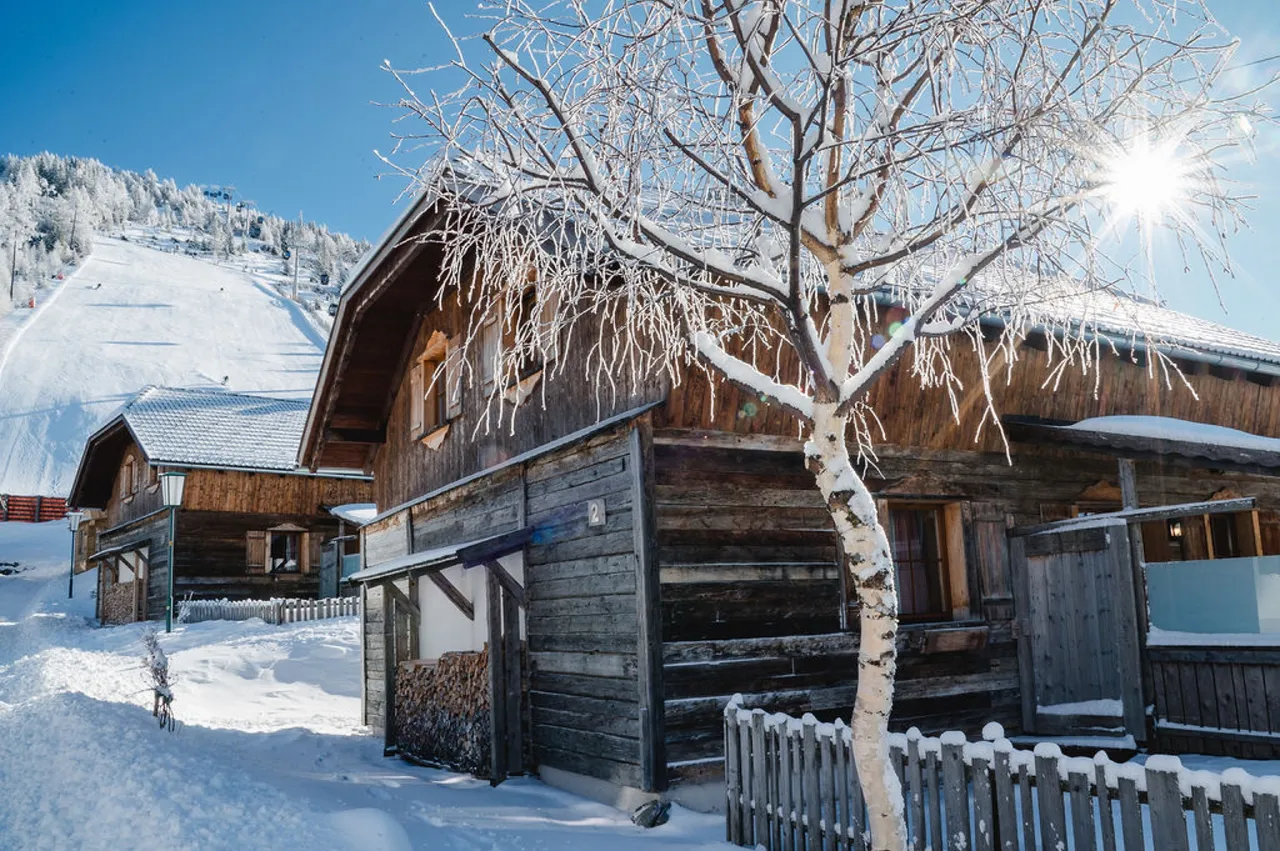 Almchalet aus Holz im Raureif, darüber die Wintersonne