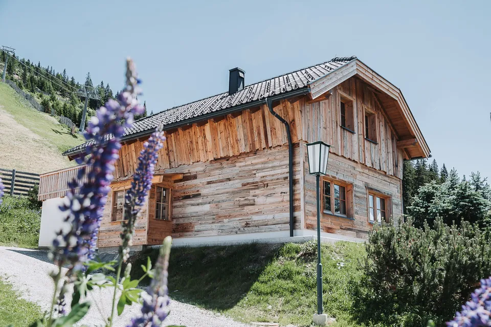 Chalet Panorama aus Altholz mit Laterne und blühenden Lupinen